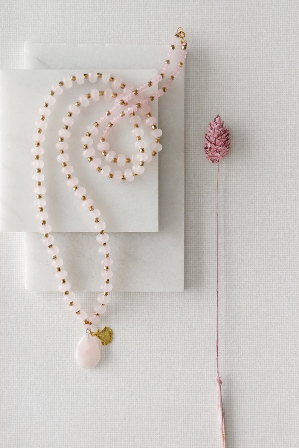 Long Length Rose Quartz Stone Necklace with Gold Tone Detail