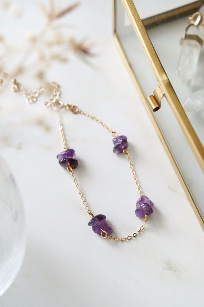 Gold Tone Raw Amethyst Crystal Link Bracelet