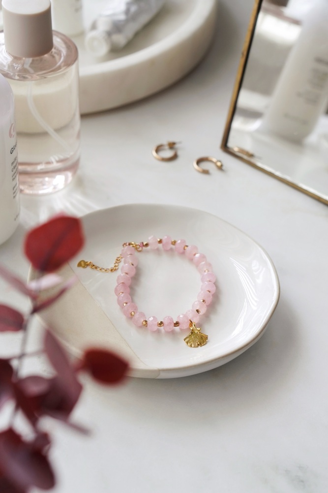 Rose Quartz Stone Bracelet with Gold Tone Detail