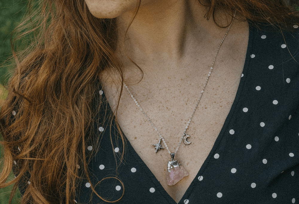 Raw Rose Quartz Moon & Star Necklace by Xander Kostroma camapgin