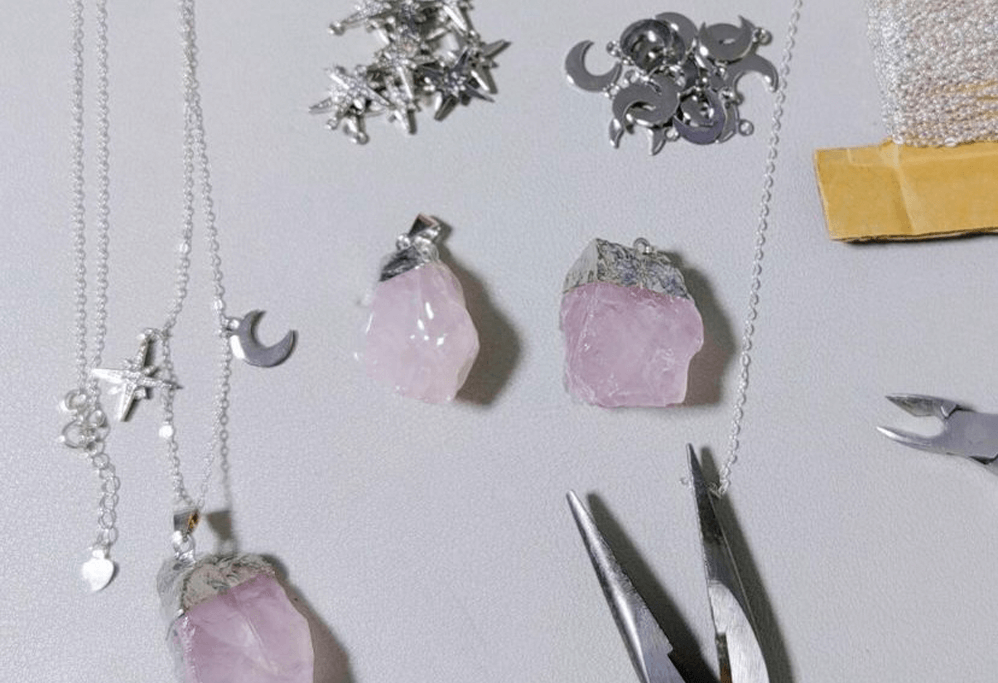 Raw Rose Quartz Moon & Star Necklace by Xander Kostroma in production