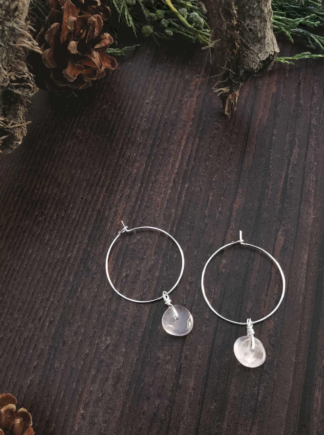 Hamsa Hand Silver Tone Semi Precious Stone Earrings - Rose Quartz