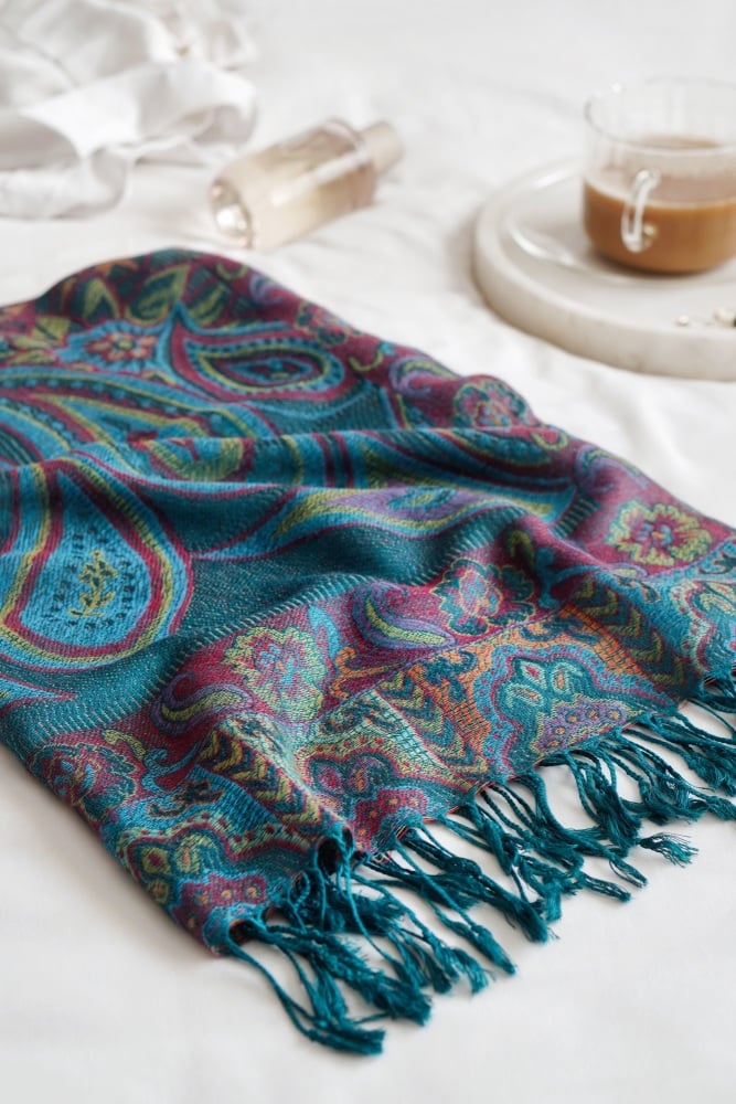Vintage Floral and Paisley Tassel Pashmina in Turquoise