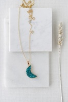 Gold Tone Raw Turquoise Crystal Half Moon Necklace