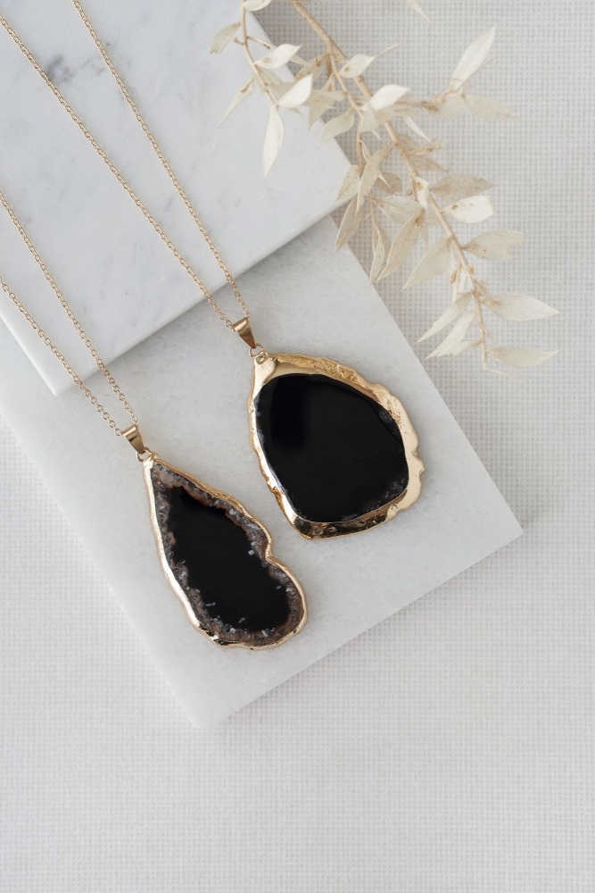 Gold Tone & Black Agate Crystal Long Length Statement Necklace