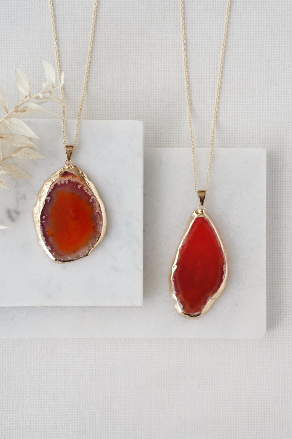 Gold Tone & Orange Agate Crystal Long Length Statement Necklace