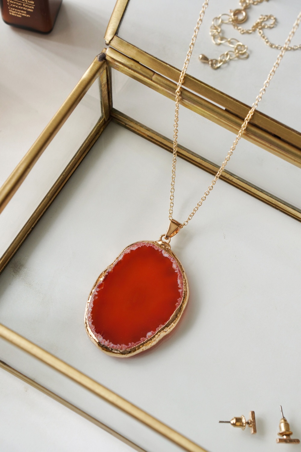 Gold Tone & Orange Agate Crystal Long Length Statement Necklace