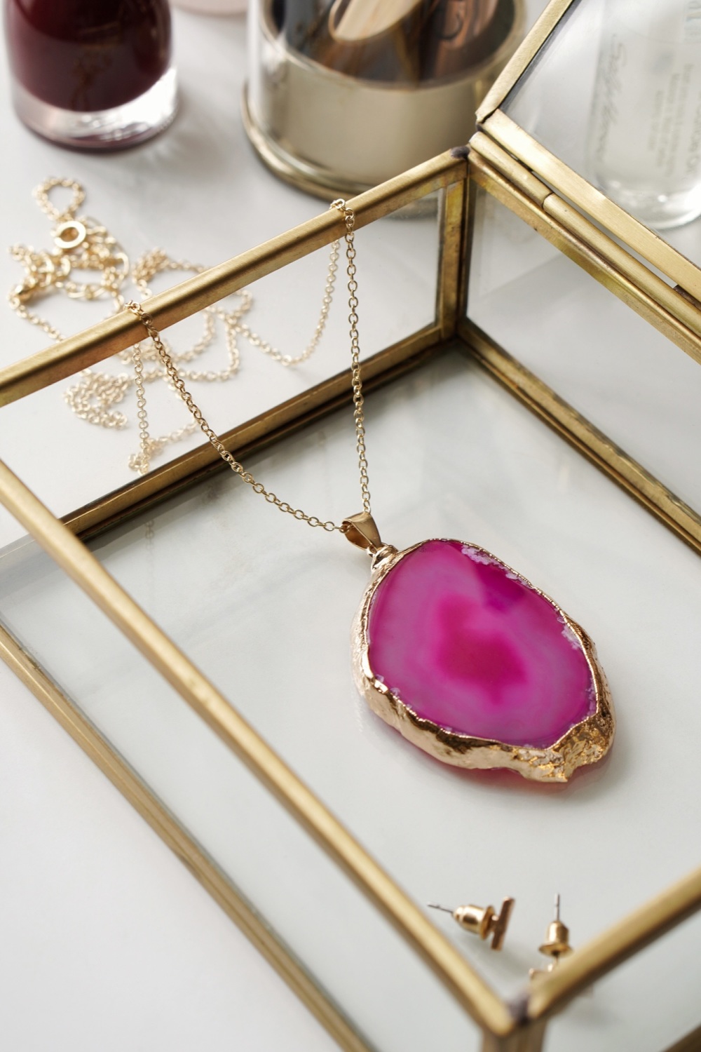 Gold Tone & Pink Agate Crystal Long Length Statement Necklace