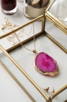 Gold Tone & Pink Agate Crystal Long Length Statement Necklace