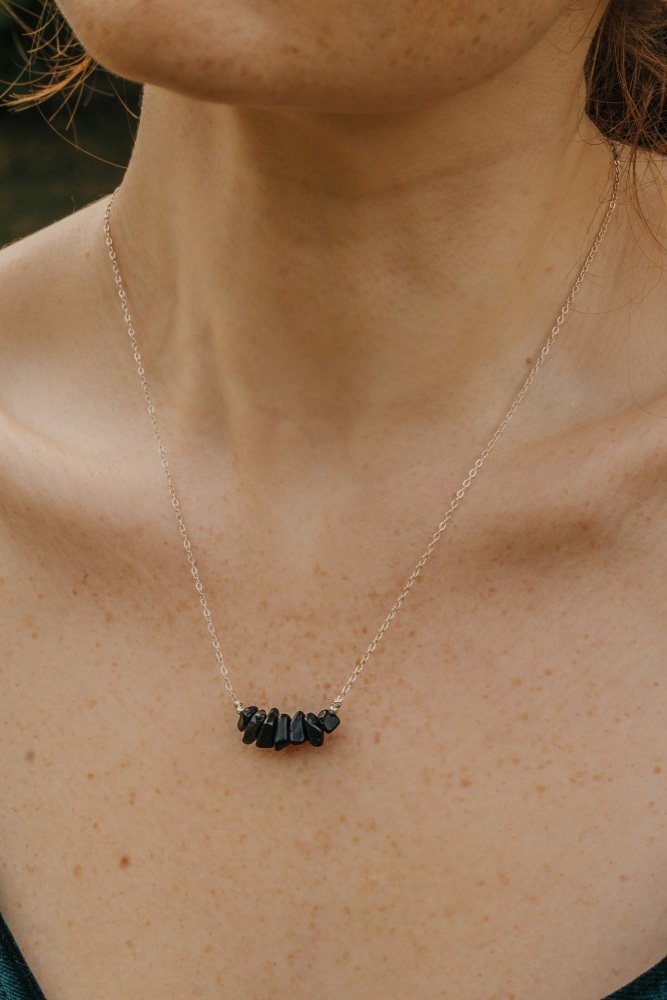 925 Sterling Silver Black Obsidian Semi Precious Stone Necklace