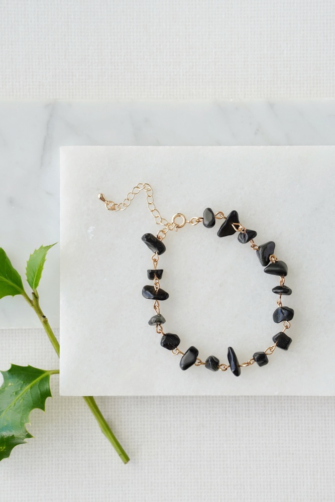 Gold Tone Black Obsidian Crystal Chip Bracelet