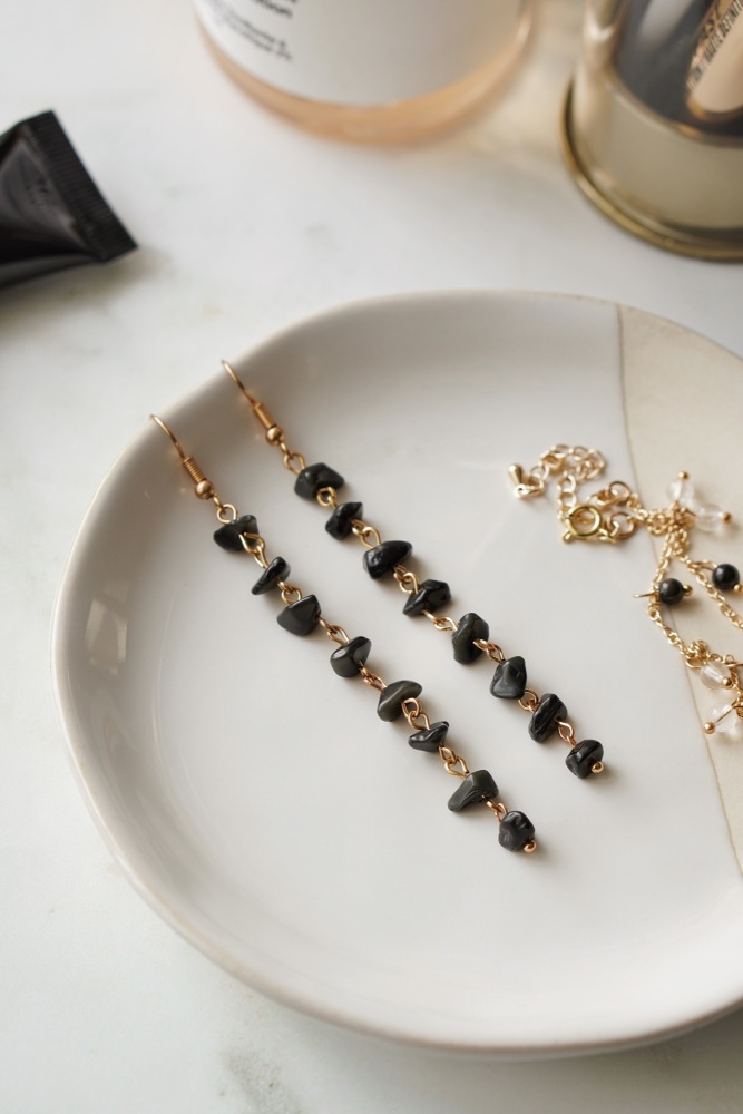 Gold Tone Black Obsidian Crystal Chip Dropper Earrings