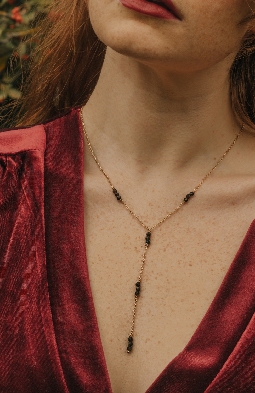 Gold Tone Black Obsidian Delicate Drop Crystal Necklace
