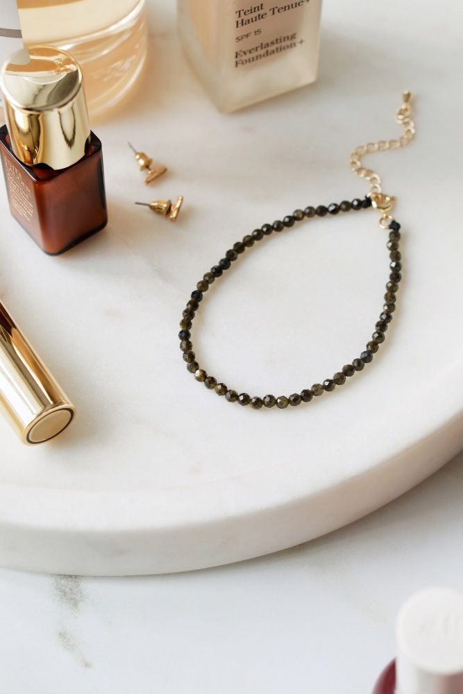 Gold Tone Mini Black Obsidian Crystal Cut Bracelet