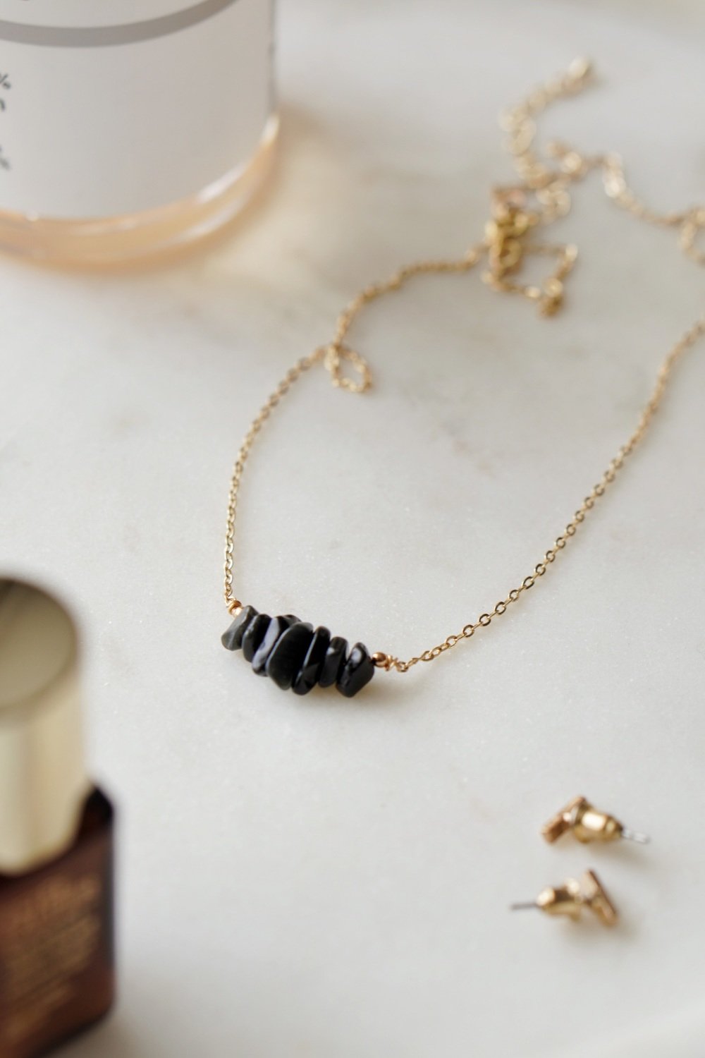 Gold Tone Black Obsidian Semi Precious Stone Necklace