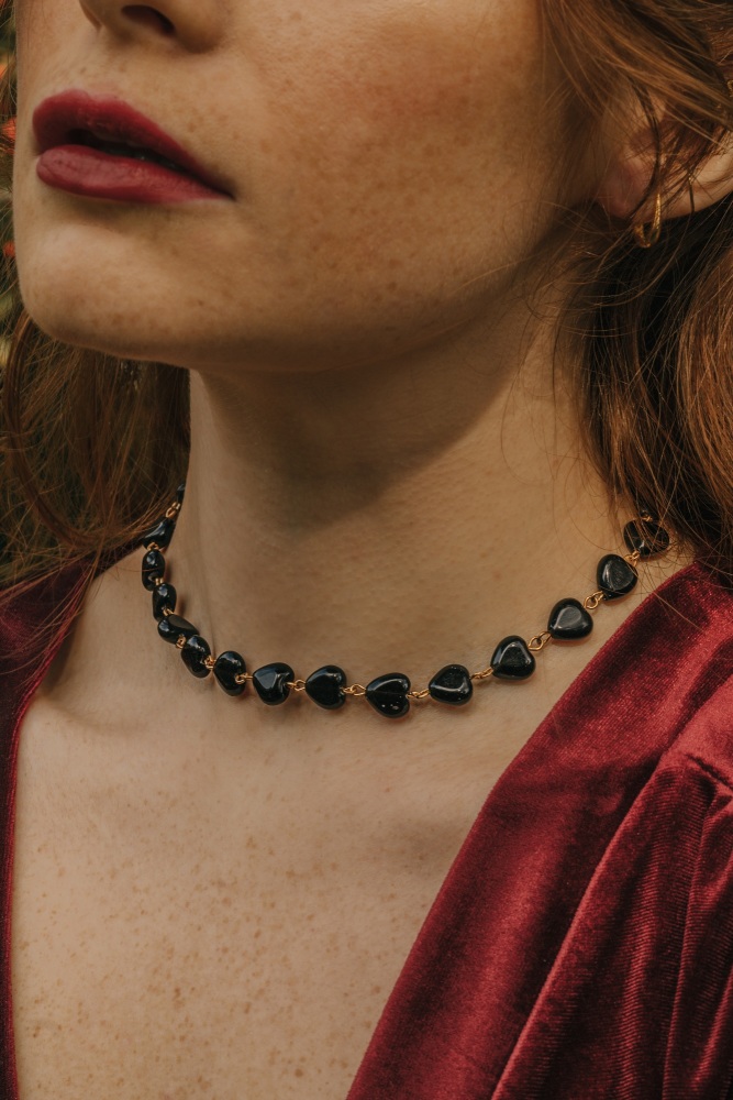 Gold Tone Black Obsidian Crystal Heart Choker Necklace