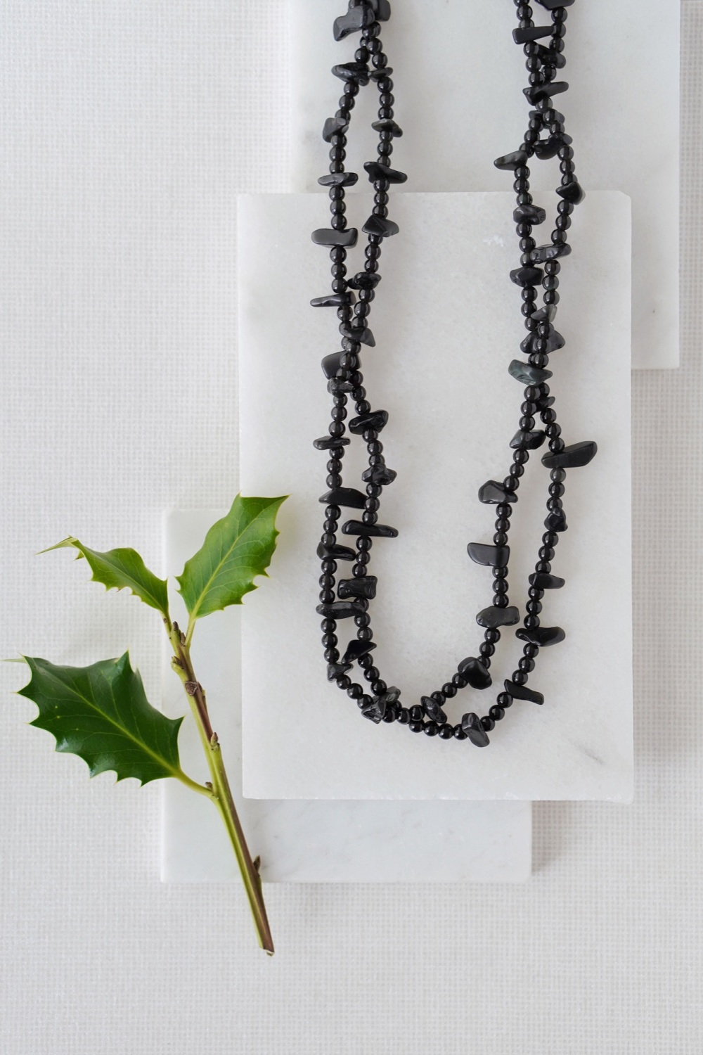 Gold Tone Long Length Black Obsidian Statement Necklace
