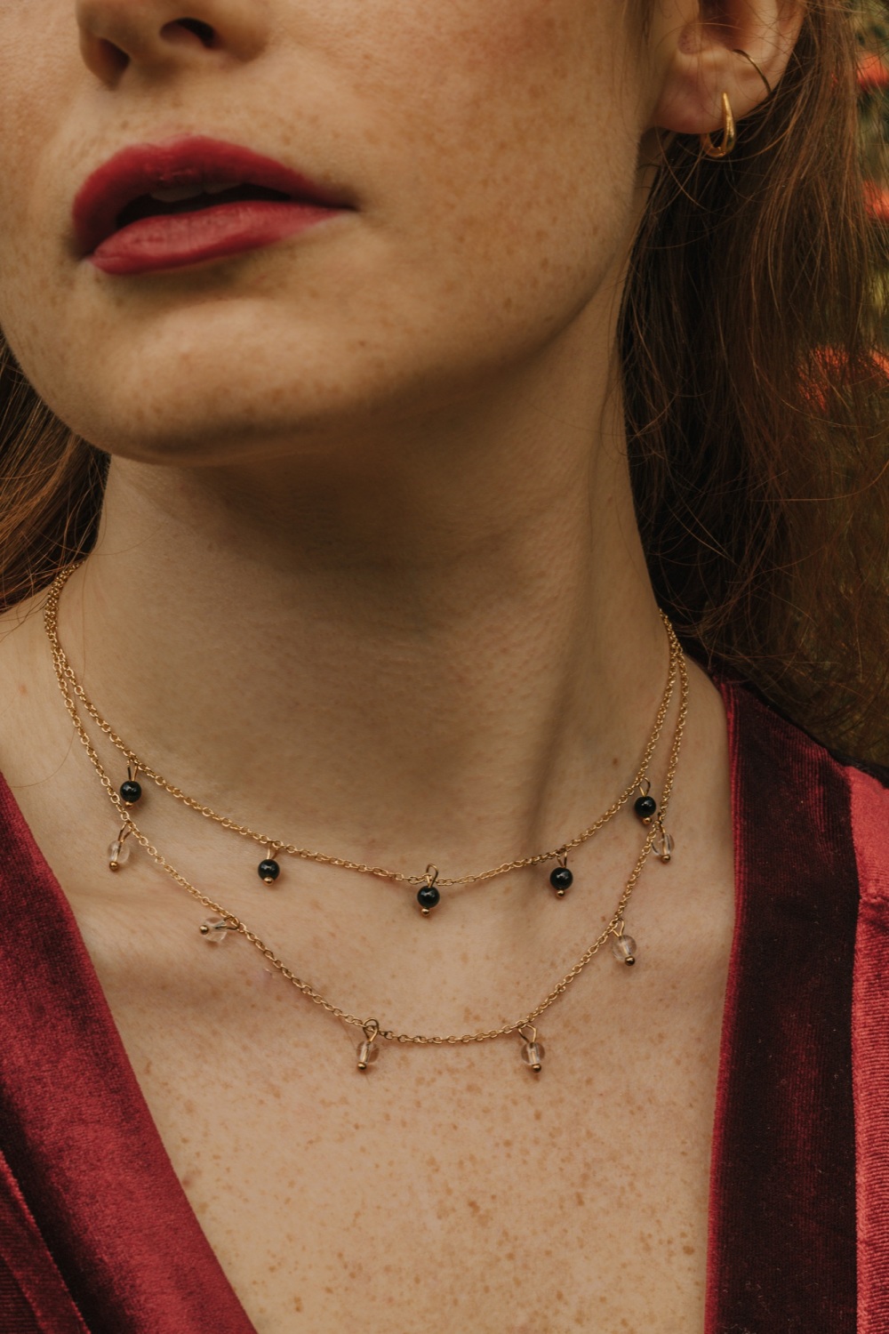 Gold Tone Black Obsidian & Clear Quartz Layered Necklace