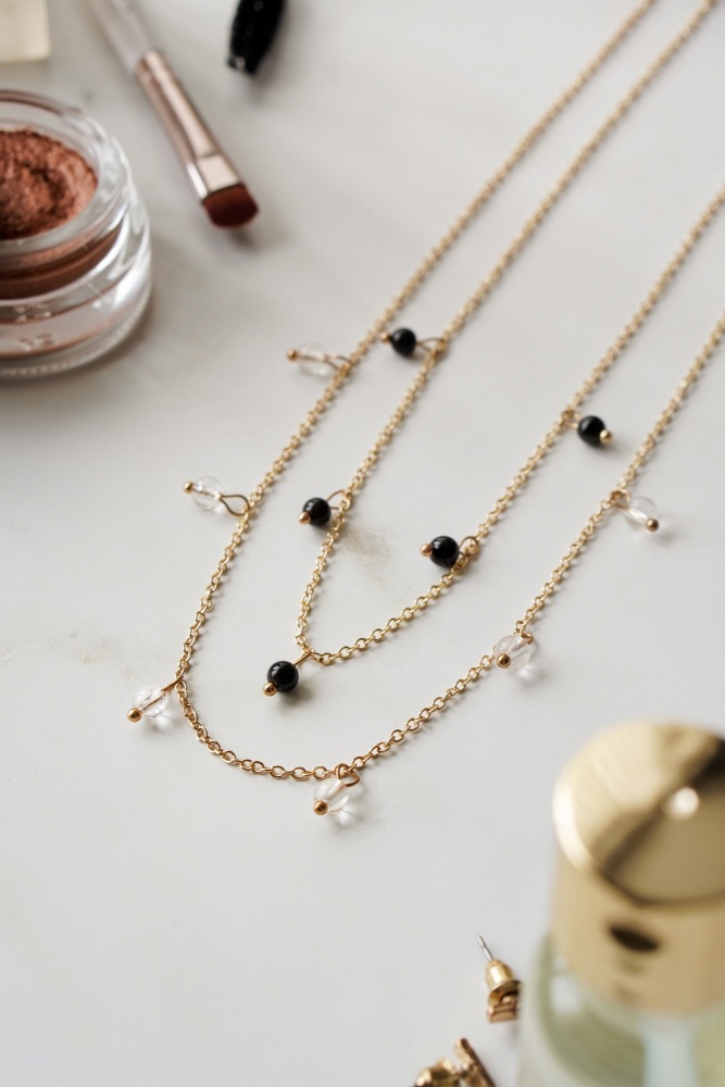 Gold Tone Black Obsidian and Clear Quartz Layered Necklace