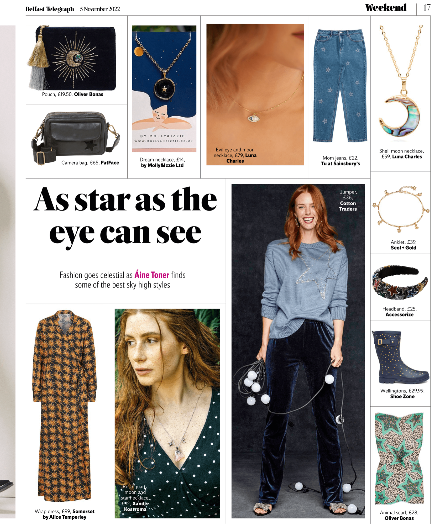 The 925 Sterling Silver Raw Cut Rose Quartz Moon & Star Necklace (Style XK188) features in the fashion edit by Aine Tonor in The Belfast Telegraph
