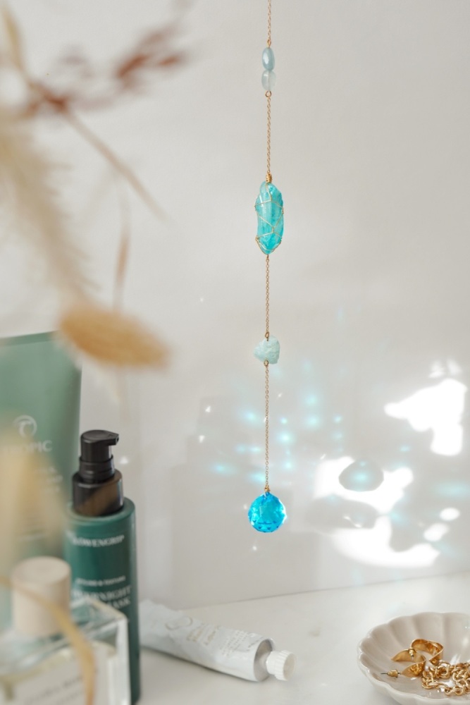 Gold Plated Raw Crystal Aquamarine and Wrapped Blue Agate Suncatcher Gold Plated Raw Crystal Aquamarine and Wrapped Blue Agate Suncatcher