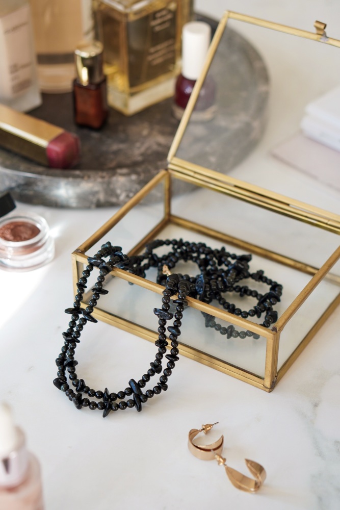 Gold Tone Long Length Black Obsidian Statement Necklace