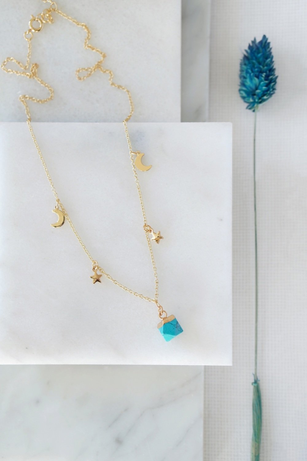 Gold Tone Turquoise Pendant Moon & Star Pendant Necklace