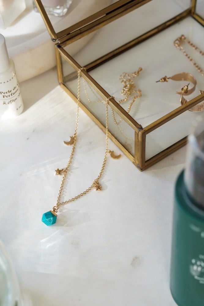 Gold Tone Turquoise Pendant Moon & Star Pendant Necklace