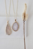 Gold Tone & Grey Agate Crystal Long Length Statement Necklace