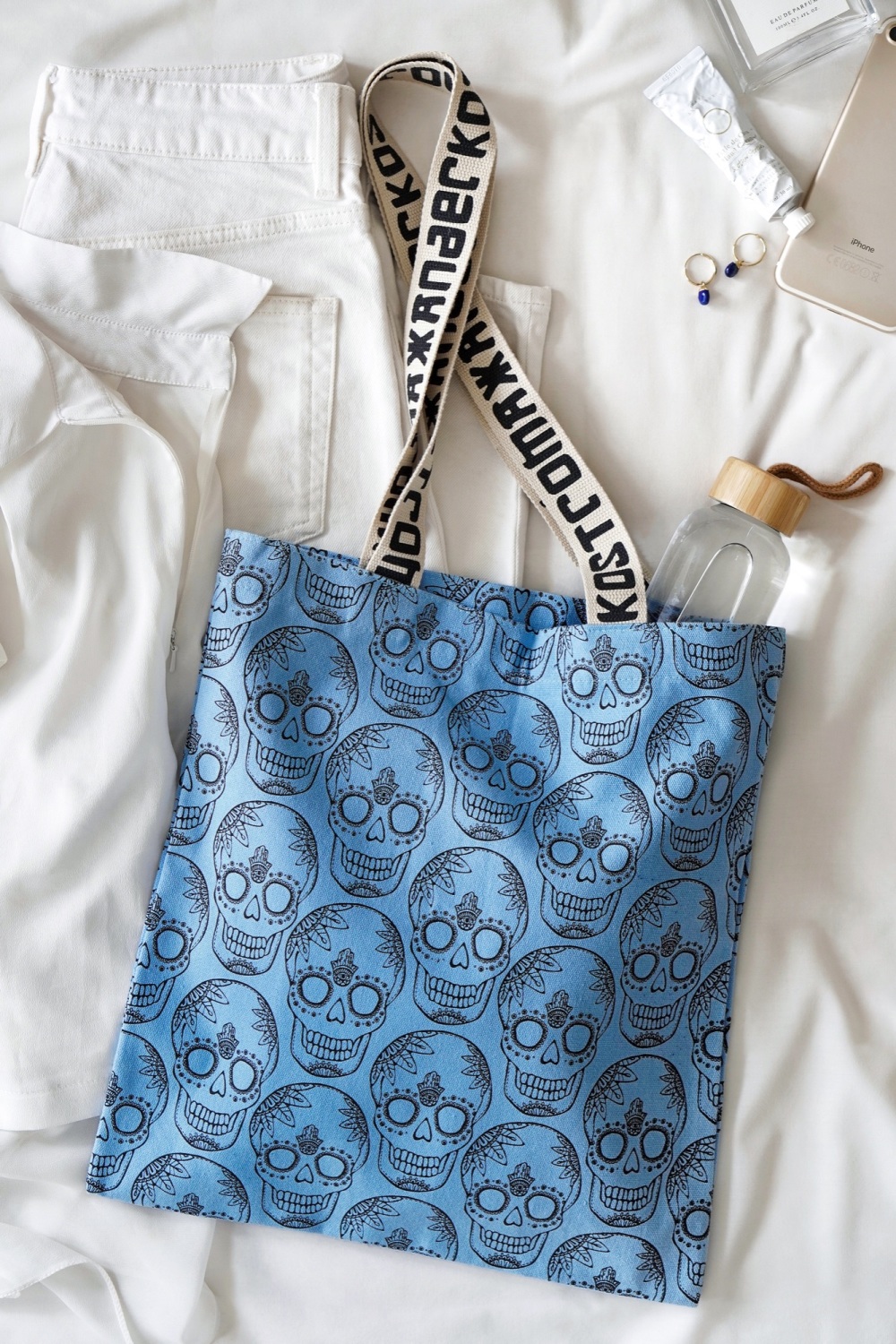 Cashmere Blue Skull Print Cotton Shopper Tote Bag by Xander Kostroma