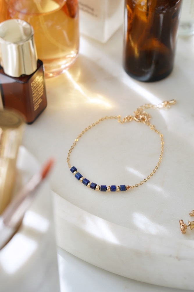 Gold Tone Lapiz Lazuli Crystal Bar Bracelet