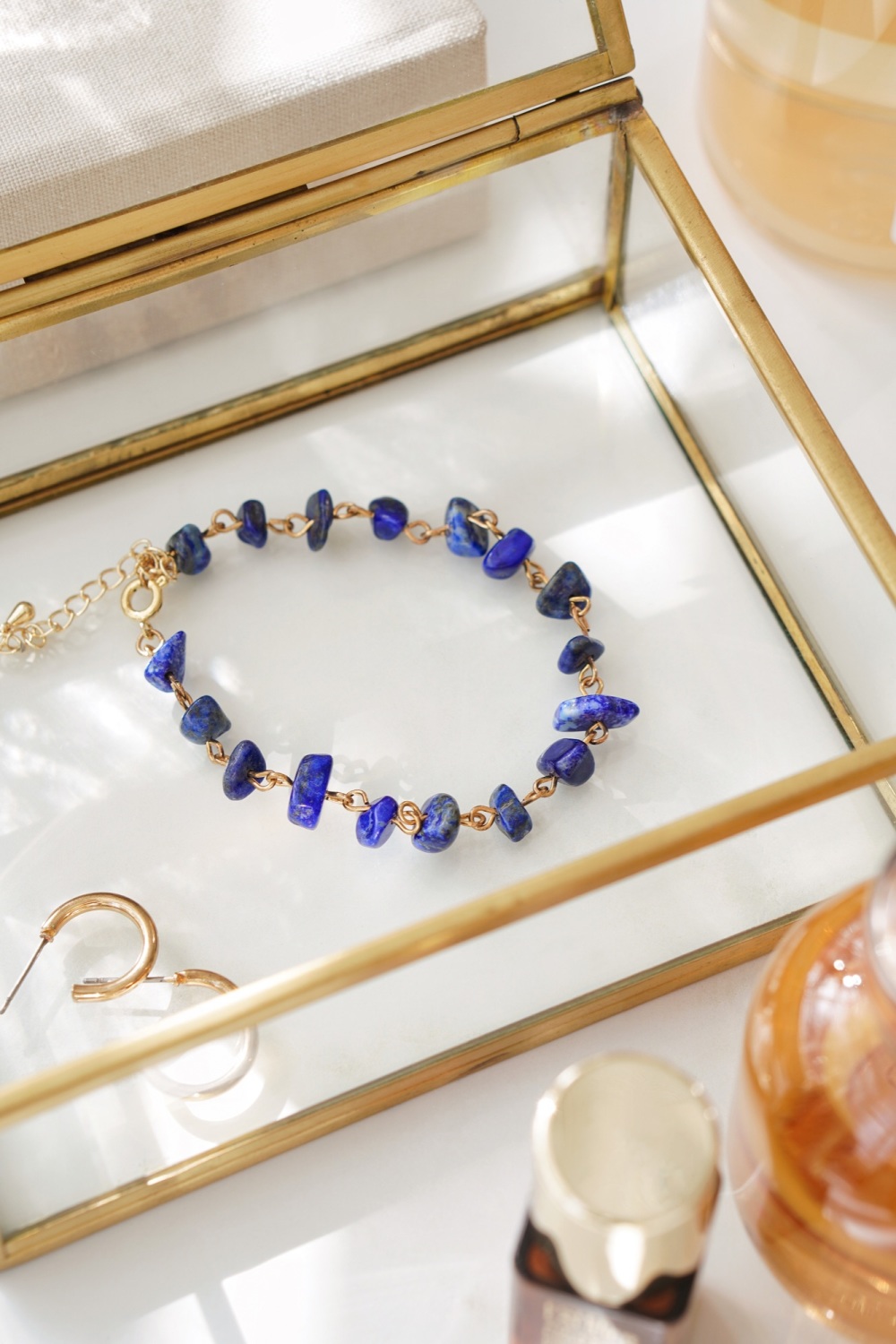 Gold Tone Lapis Lazuli Crystal Chip Bracelet