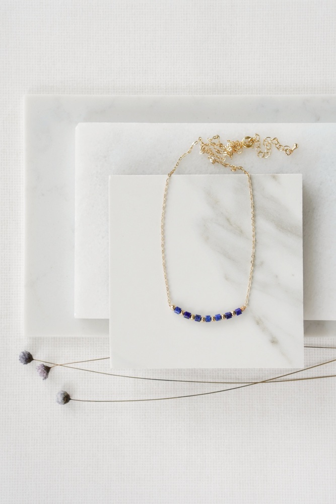 Gold Tone Lapiz Lazuli Crystal Bar Pendant Necklace