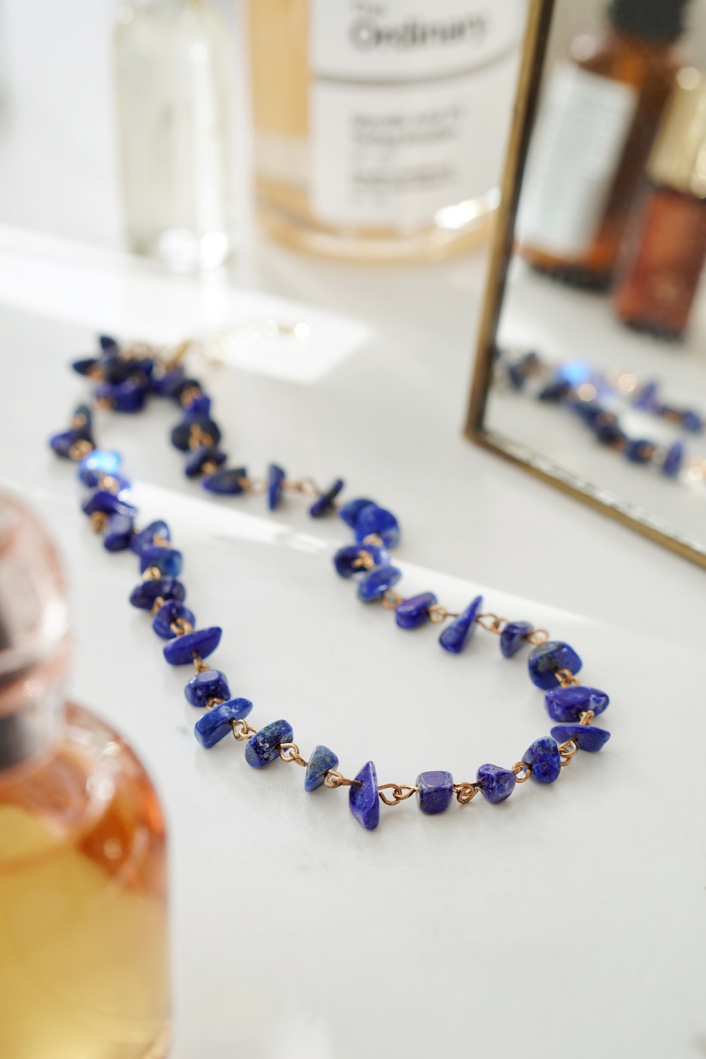 Gold Tone Lapis Lazuli Crystal Chip Necklace