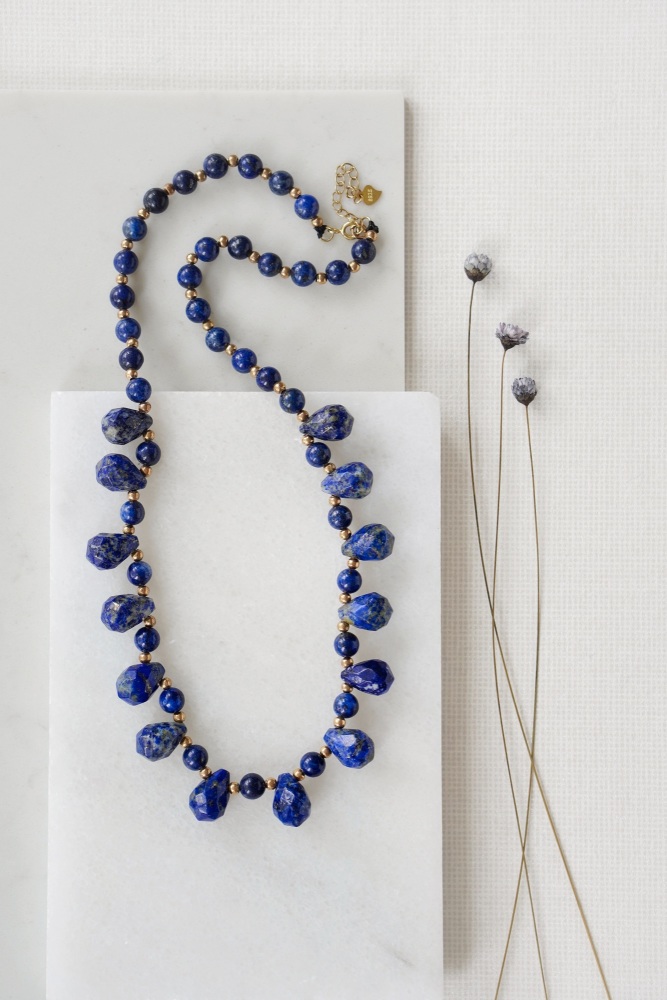 Gold Tone Teardrop Stone Lapis Lazuli Crystal Necklace
