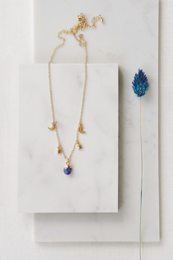 Gold Tone Lapis Lazuli Moon and Stars Charm Necklace