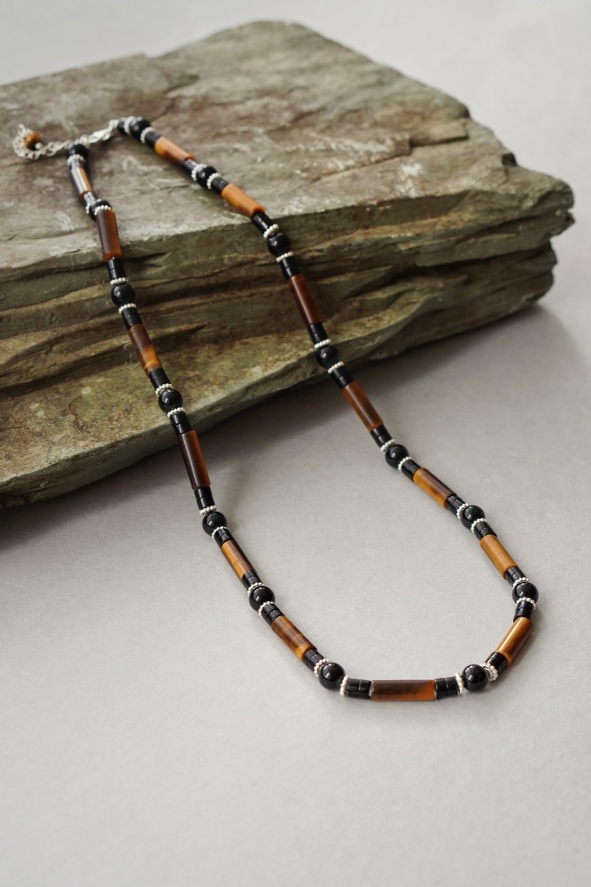 Mens 925 Sterling Silver Tigers Eye and Black Onyx Necklace