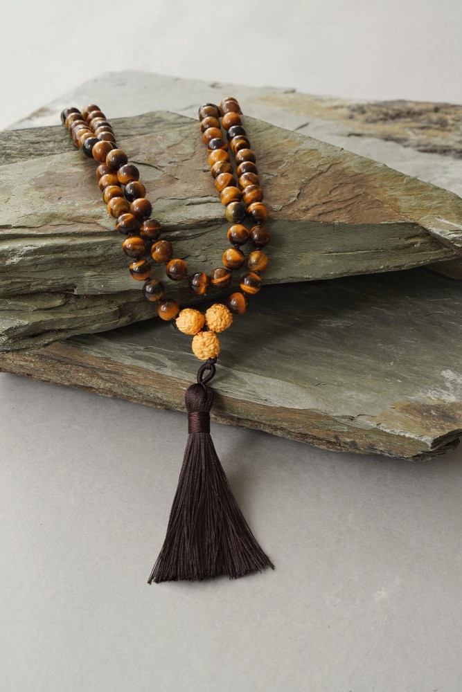 Mens Tigers Eye 108 Mala Bead Prayer Necklace with Tassel