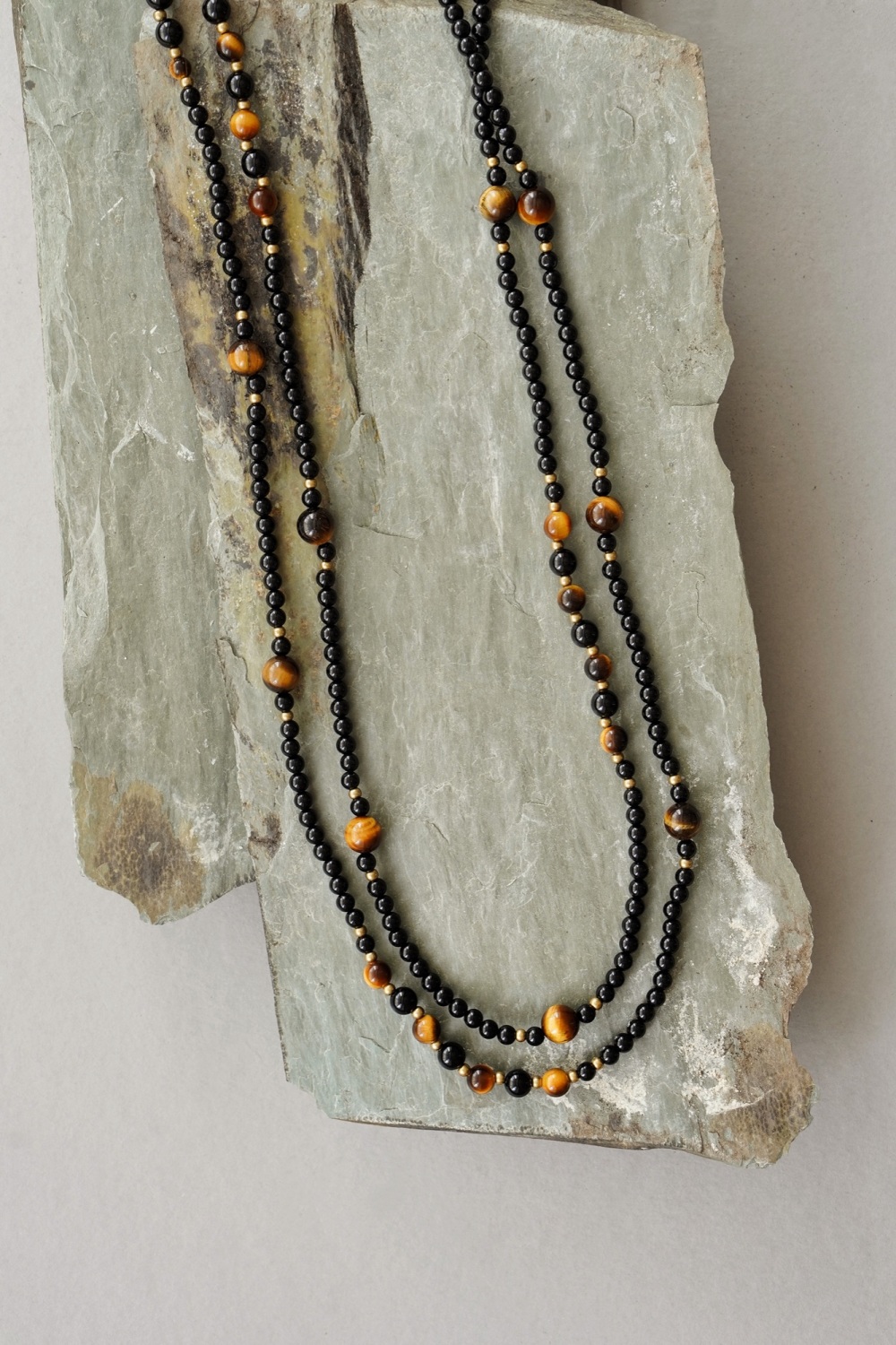 Mens Extra Long Length Tigers Eye and Black Onyx Necklace
