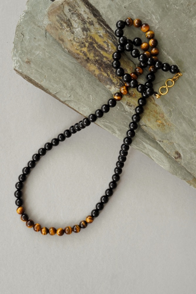 Mens Long Length Tigers Eye and Black Onyx Brass Necklace