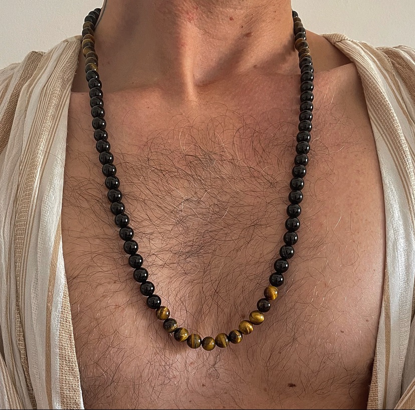 Mens Long Length Tigers Eye and Black Onyx Brass Necklace