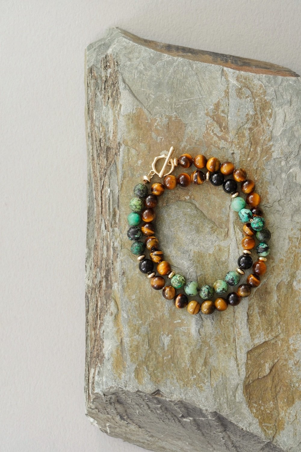 Mens Gold Tone African Turquoise Tigers Eye and Black Onyx Double Wrap Brac