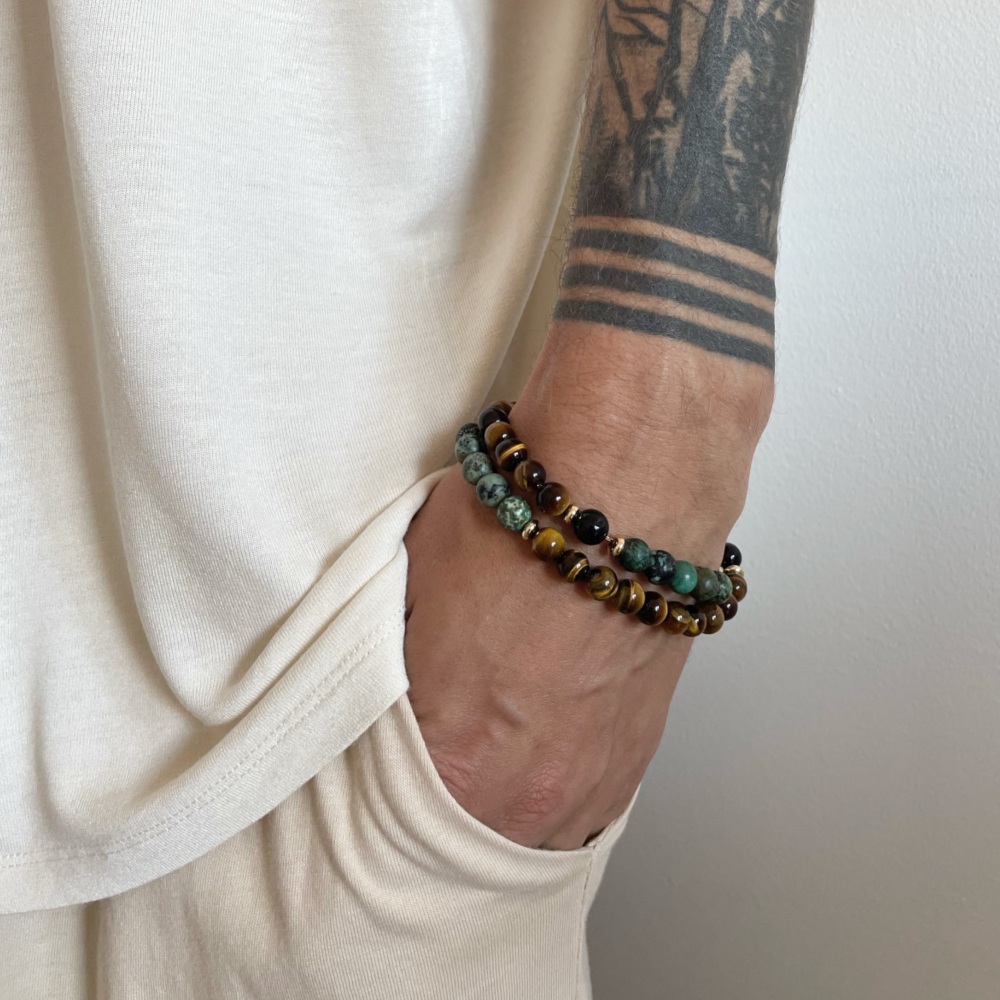 Mens Gold Tone African Turquoise Tigers Eye and Black Onyx Double Wrap Brac