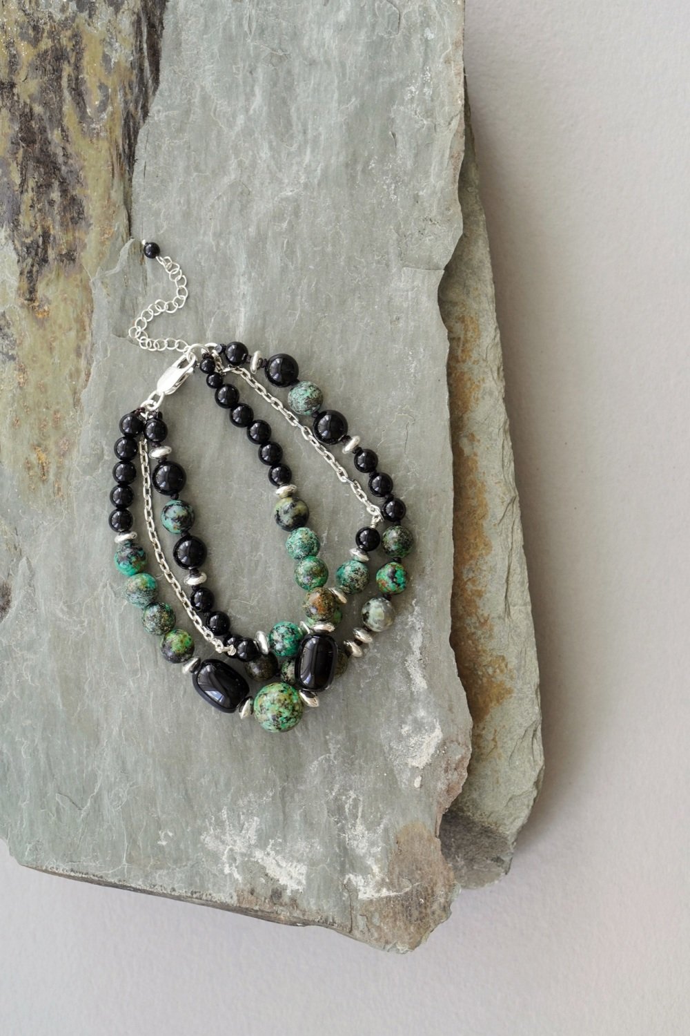 Mens 925 Sterling Silver African Turquoise and Black Onyx Layer Bracelet