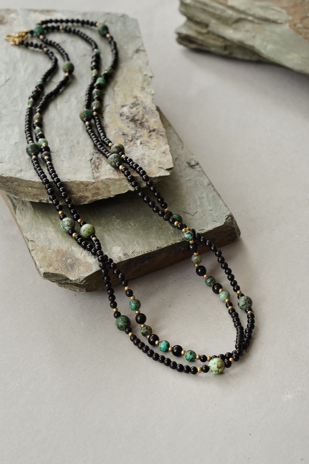 Mens Extra Long Length African Turquoise and Black Onyx Necklace
