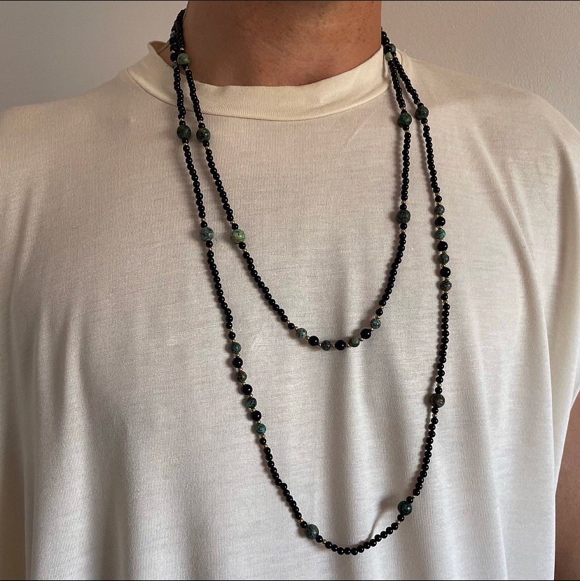 Mens Extra Long Length African Turquoise and Black Onyx Necklace