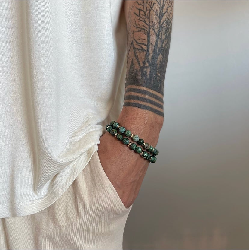 Mens Gold Tone African Turquoise Double Wrap Crystal Bracelet