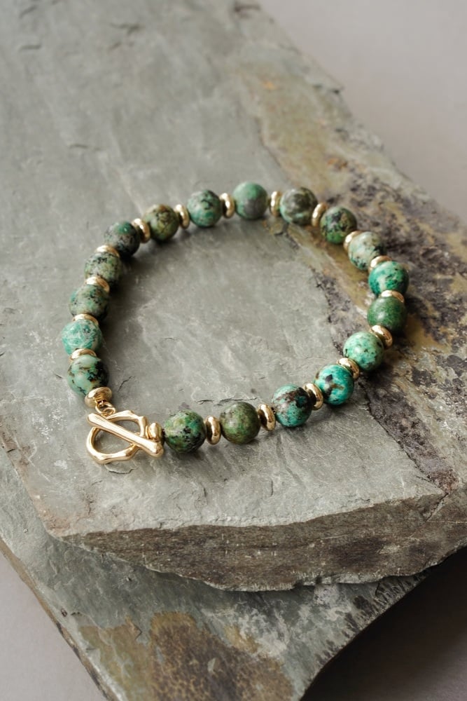 Mens Gold Tone African Turquoise Crystal Bracelet