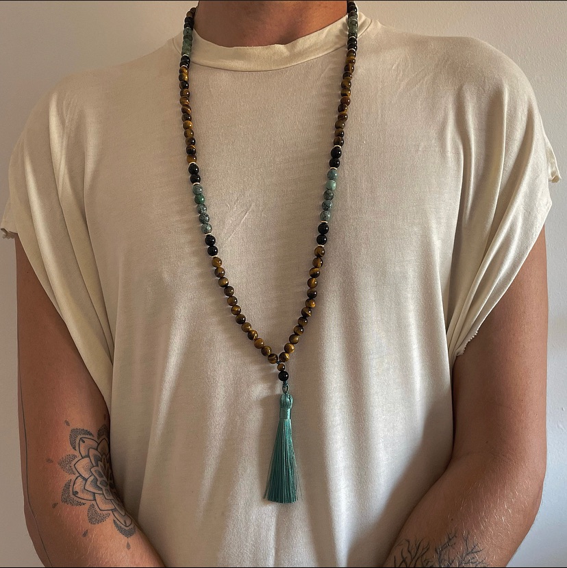 Mens African Turquoise Black Onyx and Tigers Eye 108 Mala Bead Necklace with Tassel