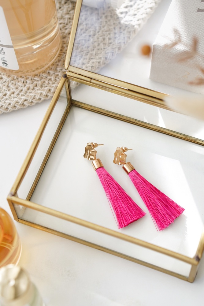 Gold Tone & Fuchsia Pink Tassel Drop Earrings